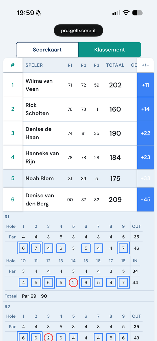 Live klassement met scores per hole op de telefoon