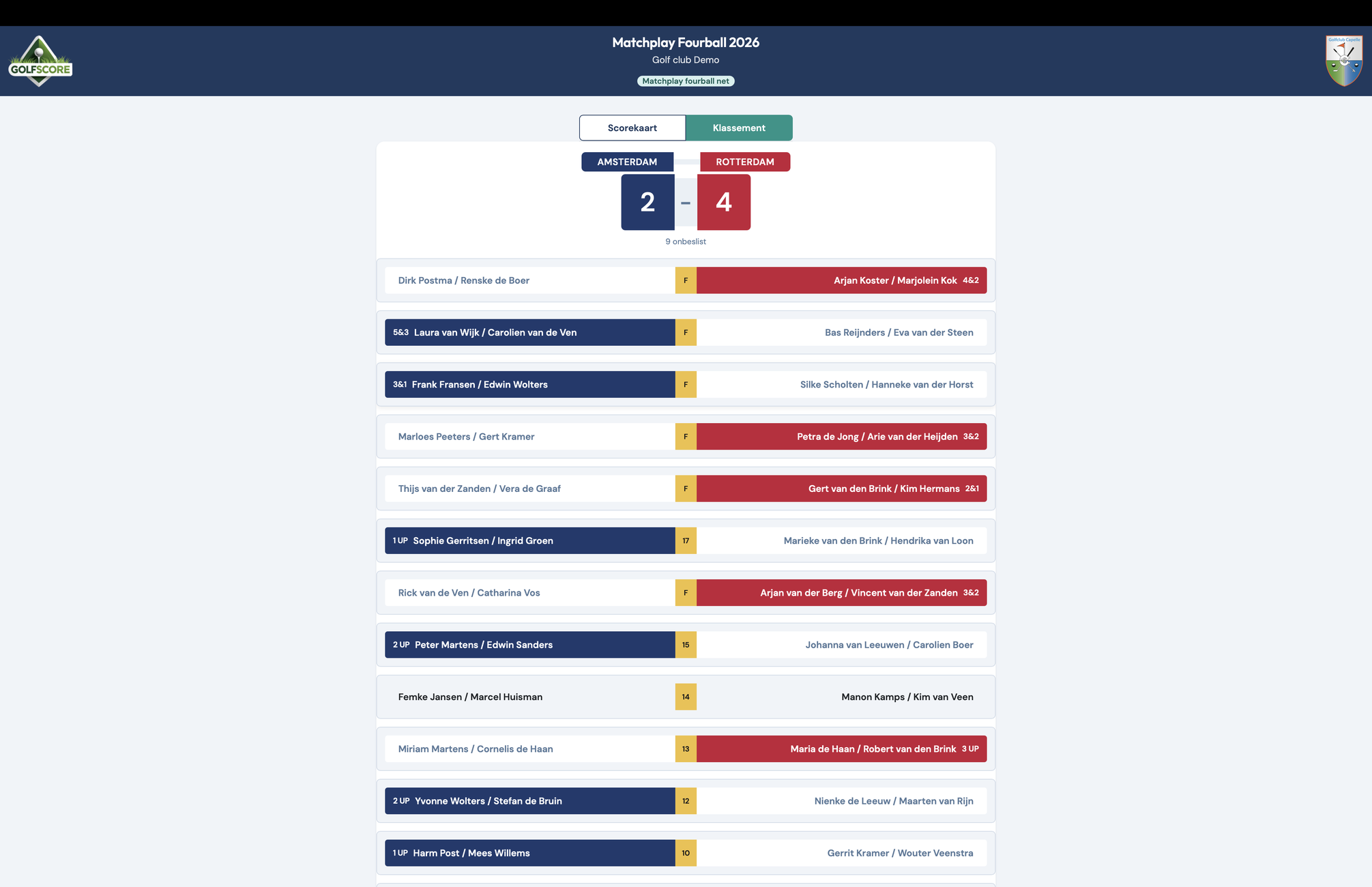Matchplay-klassement met de teamstand in de browser
